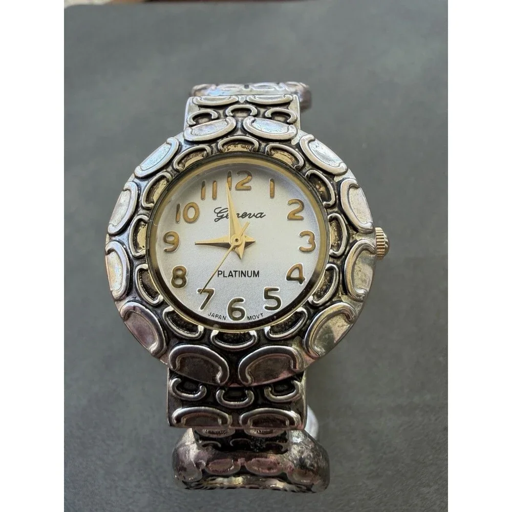 Vintage Geneva Chunky Cuff Bracelet Watch Silver Tone Y2K Boho Statement